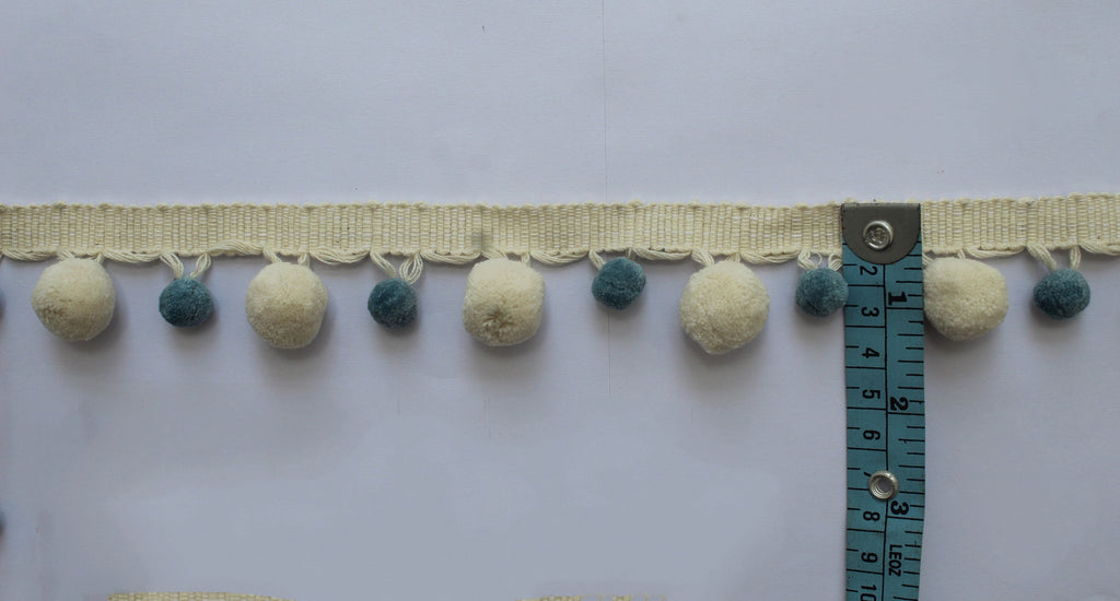 County blue / pale blue and ivory pom pom trim, faux fur pom poms, lace and trims, trim, bobble trim, pom pom garland, garland