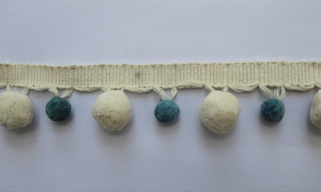 County blue / pale blue and ivory pom pom trim, faux fur pom poms, lace and trims, trim, bobble trim, pom pom garland, garland