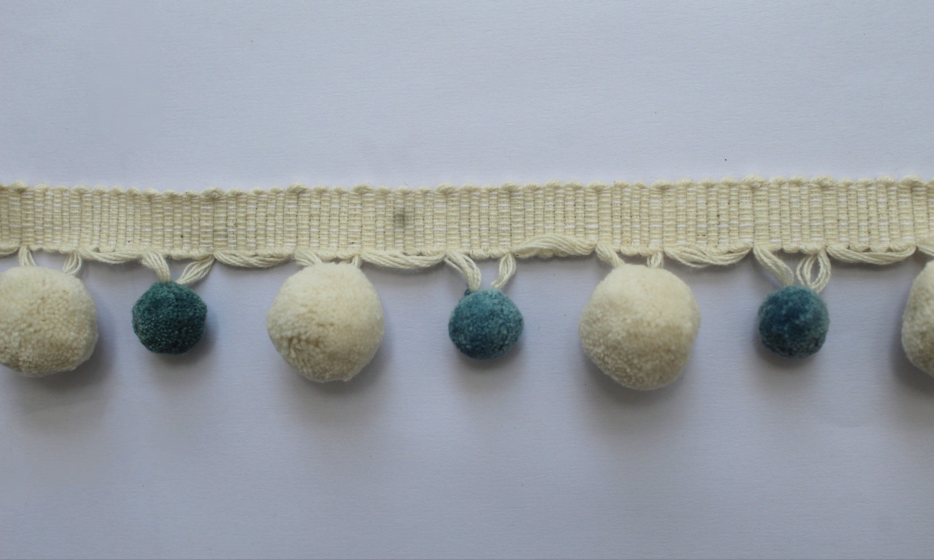 County blue / pale blue and ivory pom pom trim, faux fur pom poms, lace and trims, trim, bobble trim, pom pom garland, garland