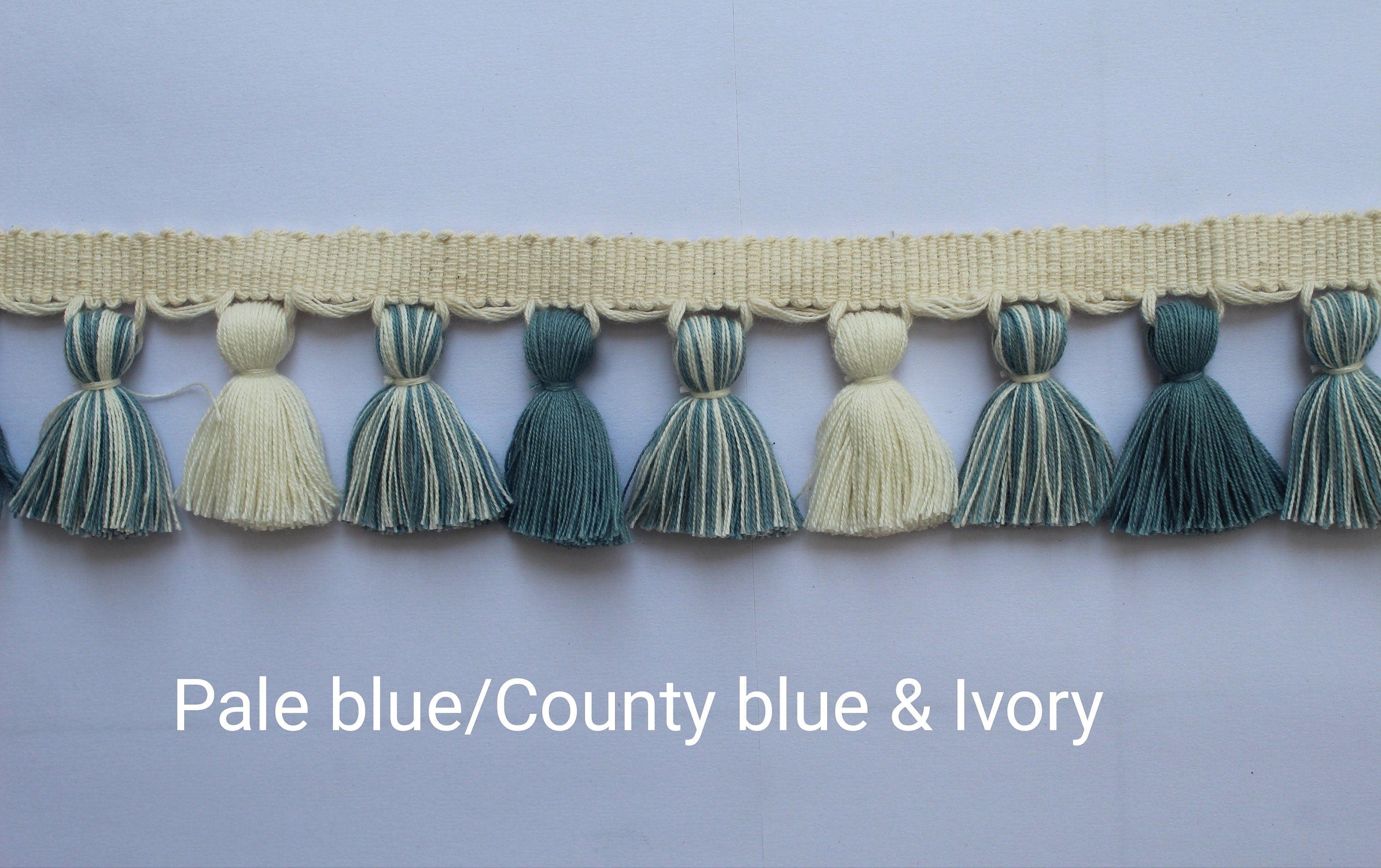 Pale blue / county blue and ivory tassel trim, Indian trim, handmade trim, tassel trim