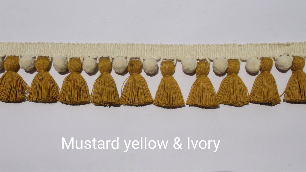 Mustard yellow and ivory pom pom tassel trim , tassel trim, pom pom trim