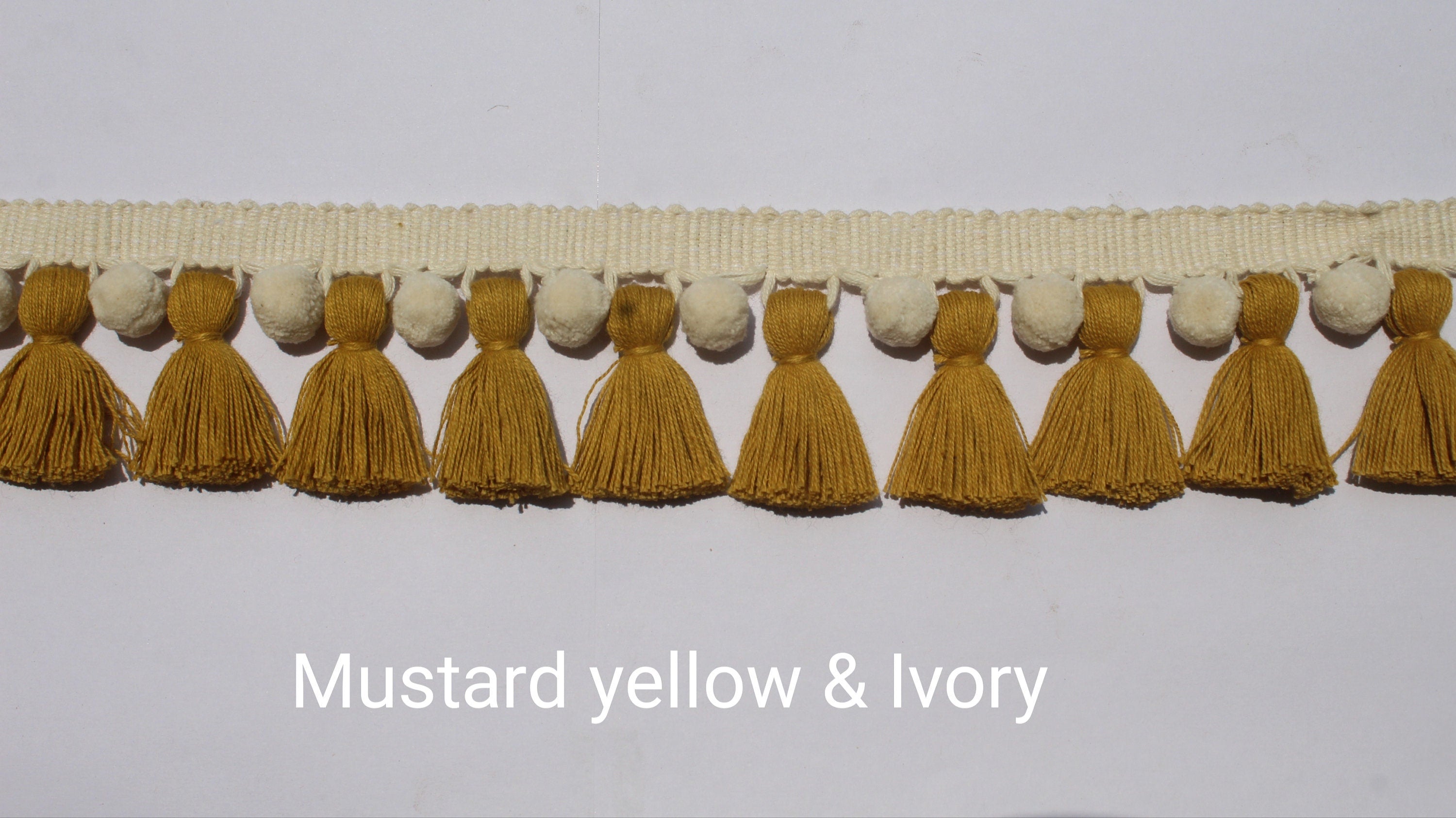 Mustard yellow and ivory pom pom tassel trim , tassel trim, pom pom trim