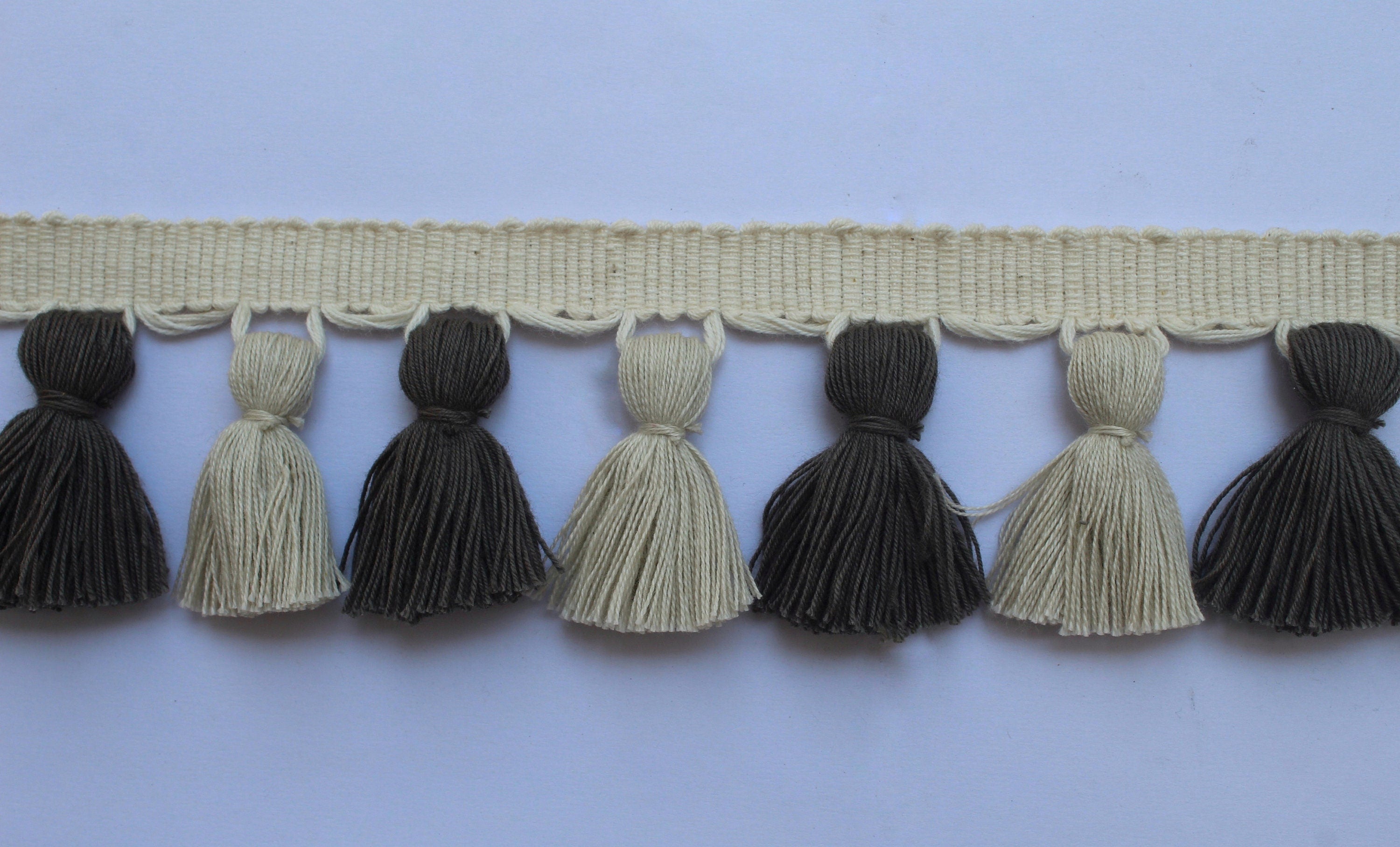 Light stone and charcoal multi colored tassel fringe trim, tassel trim, fringe trim, multi colored tassel trim