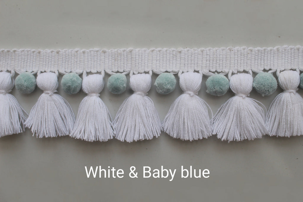 White and baby blue pom pom tassel trim