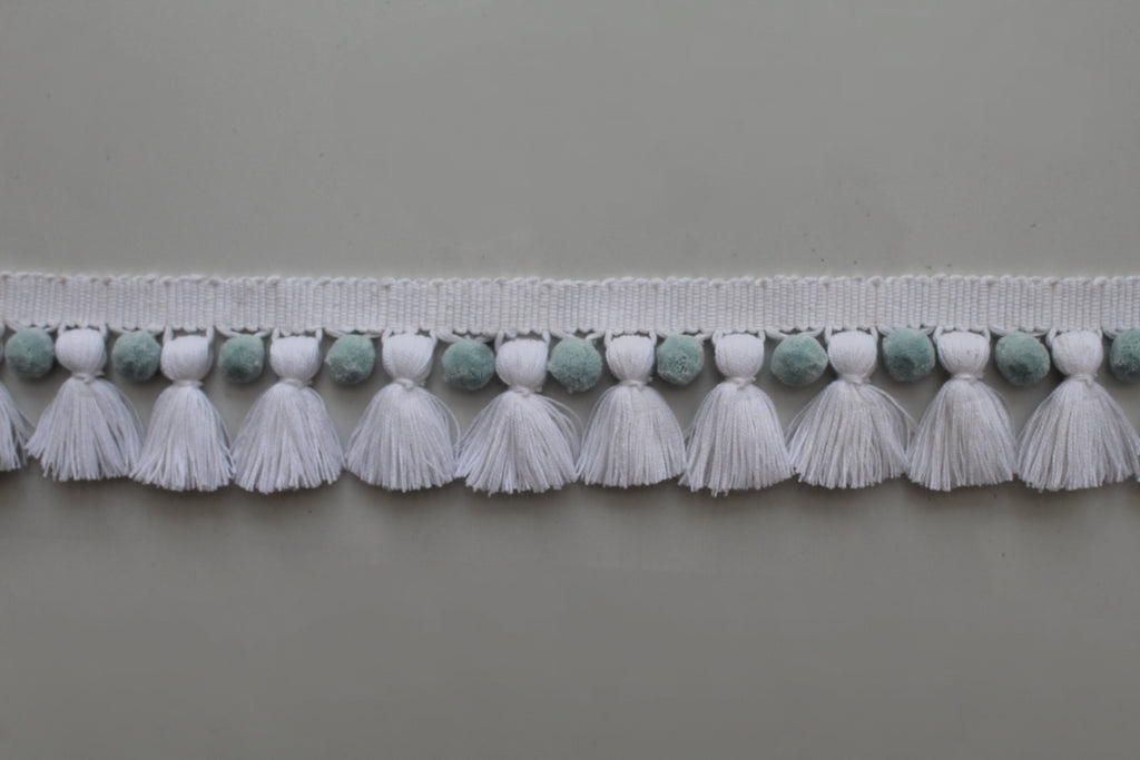 White and baby blue pom pom tassel trim
