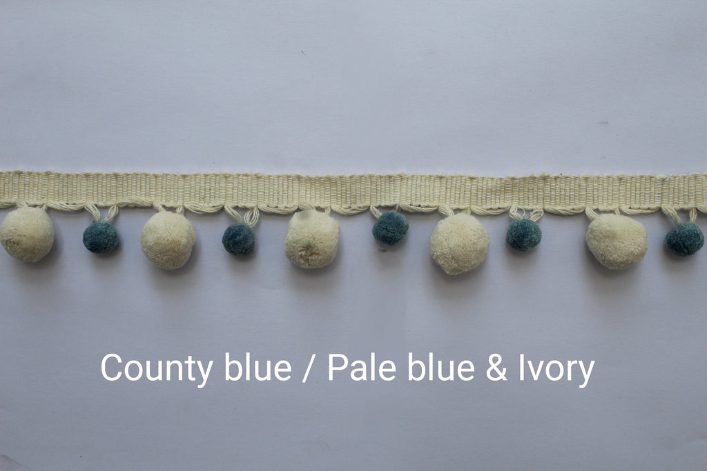County blue / pale blue and ivory pom pom trim, faux fur pom poms, lace and trims, trim, bobble trim, pom pom garland, garland