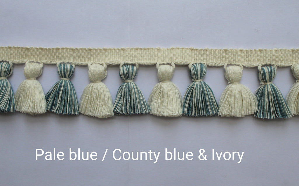 Pale blue / county blue and ivory tassel trim, Indian trim, handmade trim, tassel trim