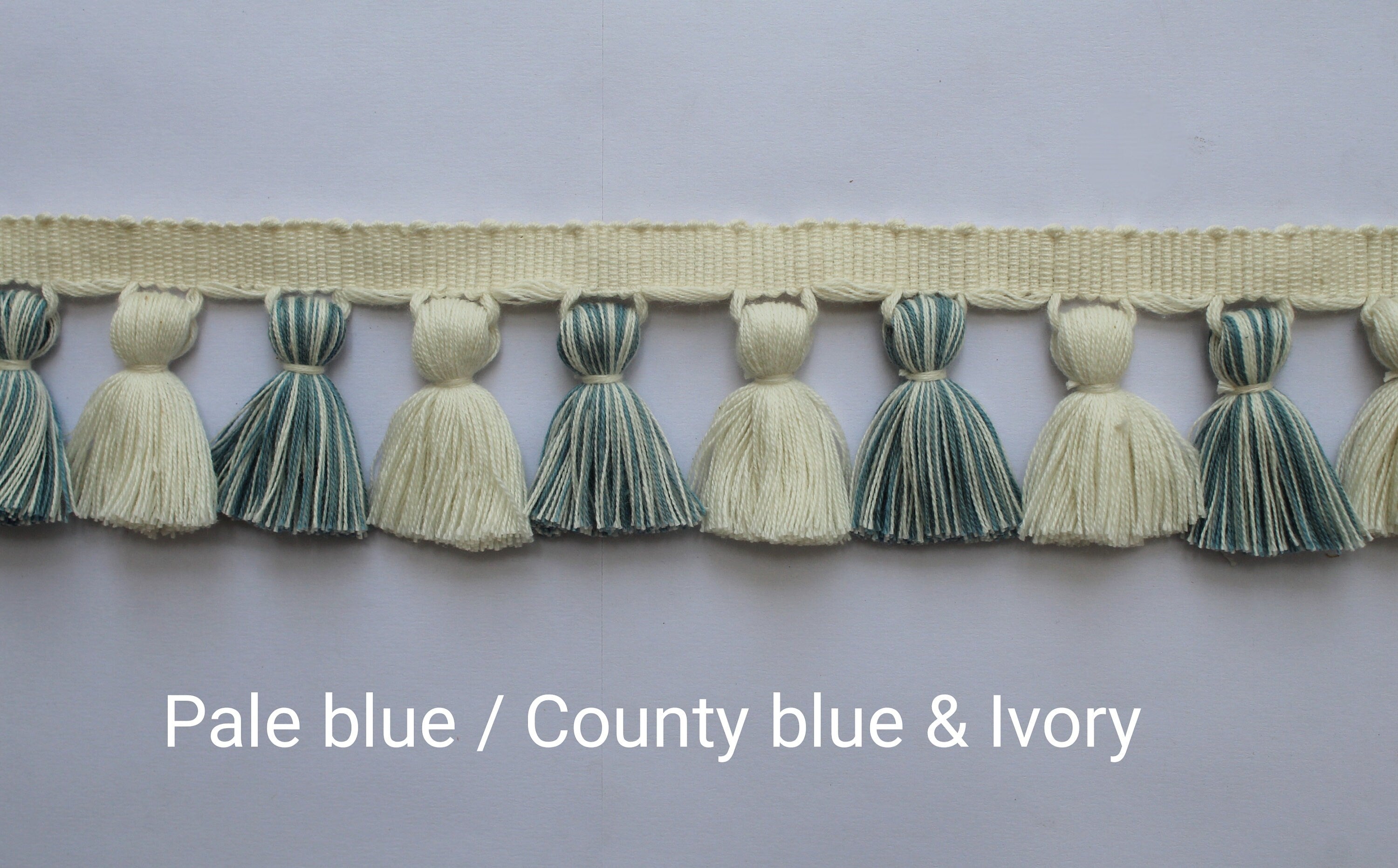 Pale blue / county blue and ivory tassel trim, Indian trim, handmade trim, tassel trim