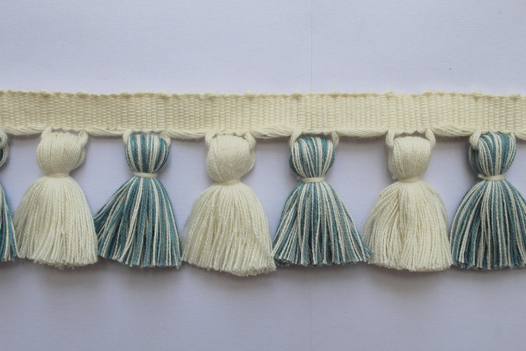 Pale blue / county blue and ivory tassel trim, Indian trim, handmade trim, tassel trim