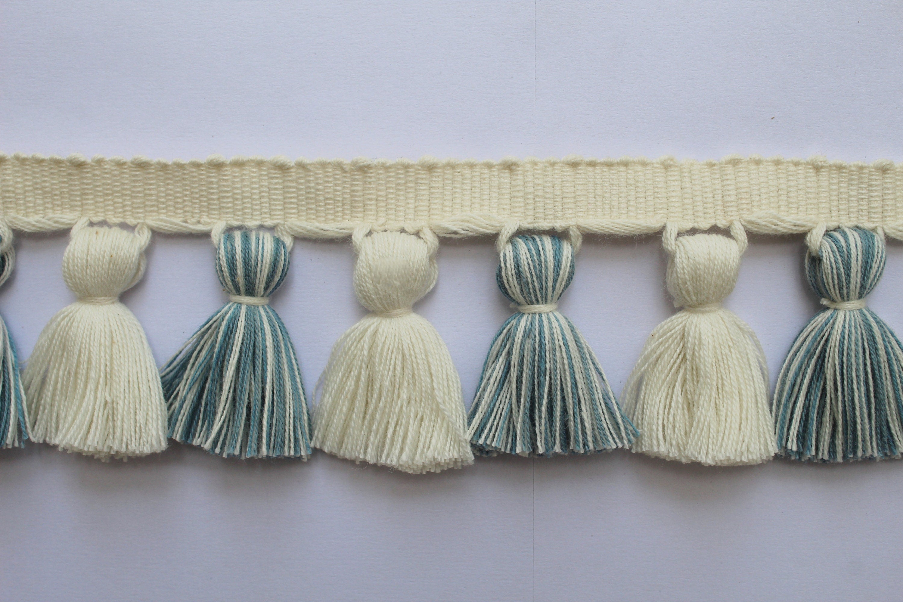 Pale blue / county blue and ivory tassel trim, Indian trim, handmade trim, tassel trim