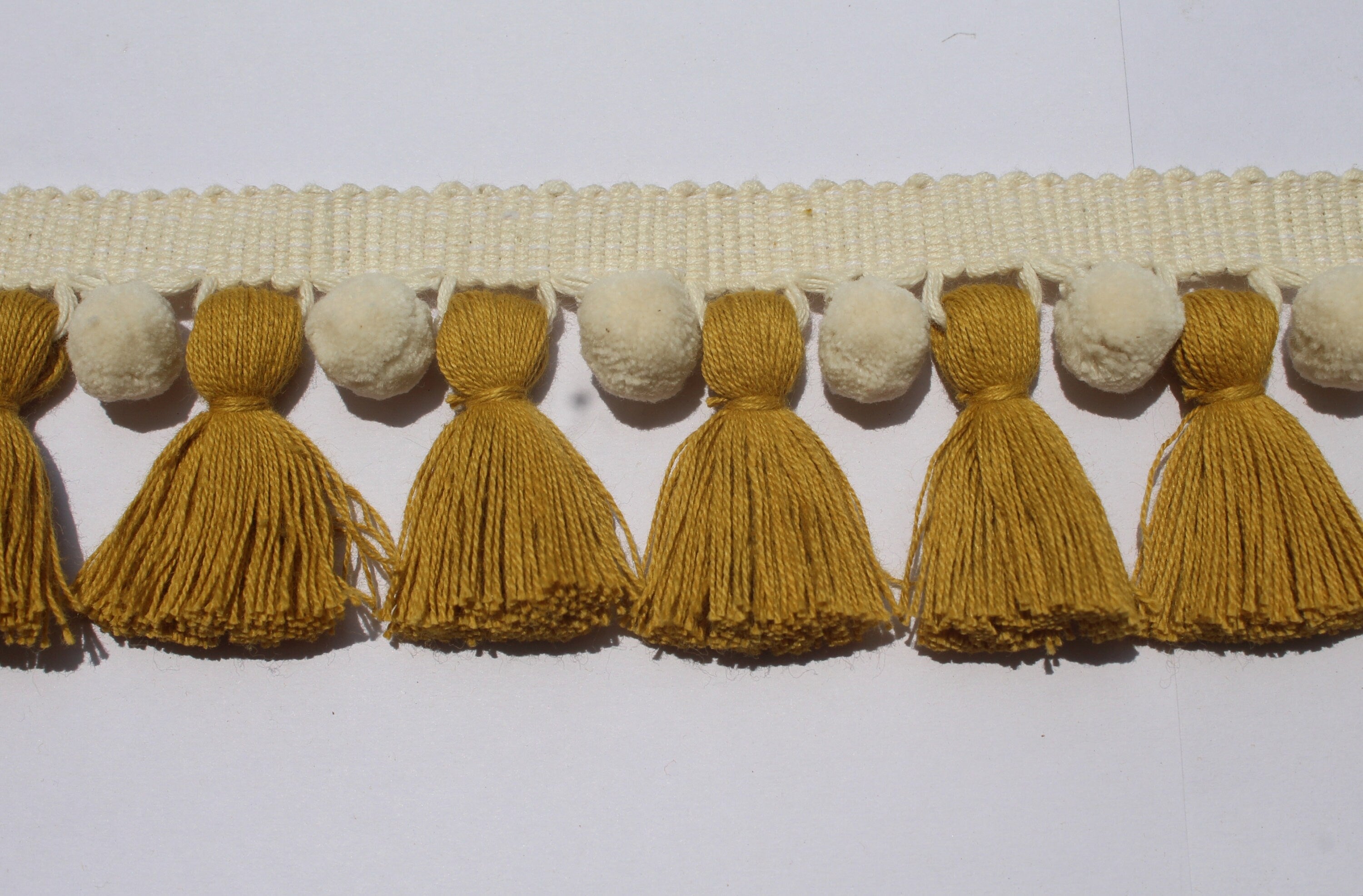 Mustard yellow and ivory pom pom tassel trim , tassel trim, pom pom trim