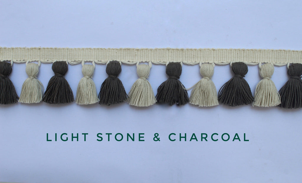 Light stone and charcoal multi colored tassel fringe trim, tassel trim, fringe trim, multi colored tassel trim