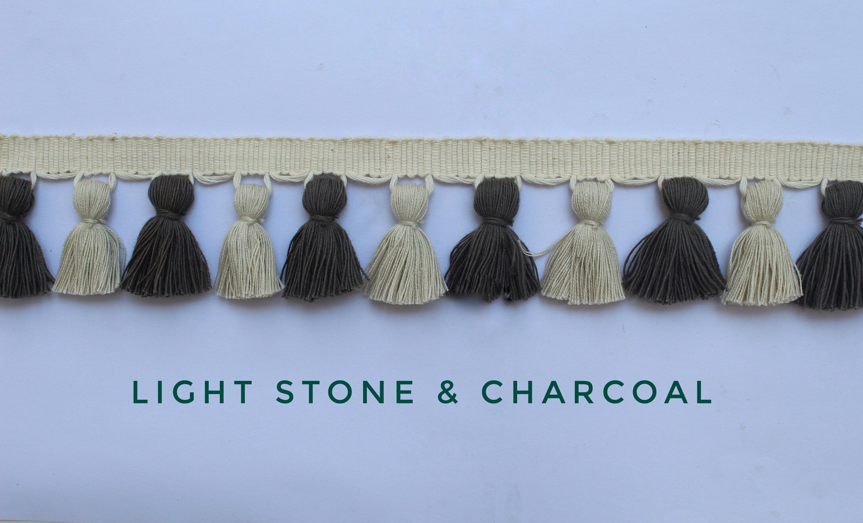 Light stone and charcoal multi colored tassel fringe trim, tassel trim, fringe trim, multi colored tassel trim