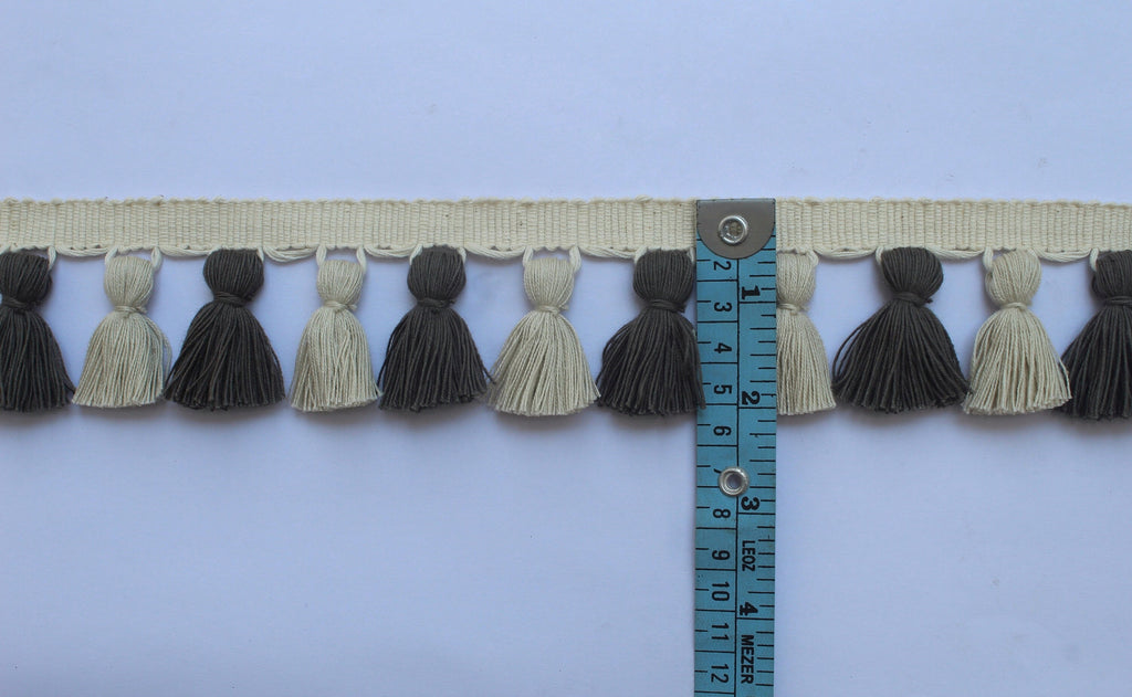 Light stone and charcoal multi colored tassel fringe trim, tassel trim, fringe trim, multi colored tassel trim