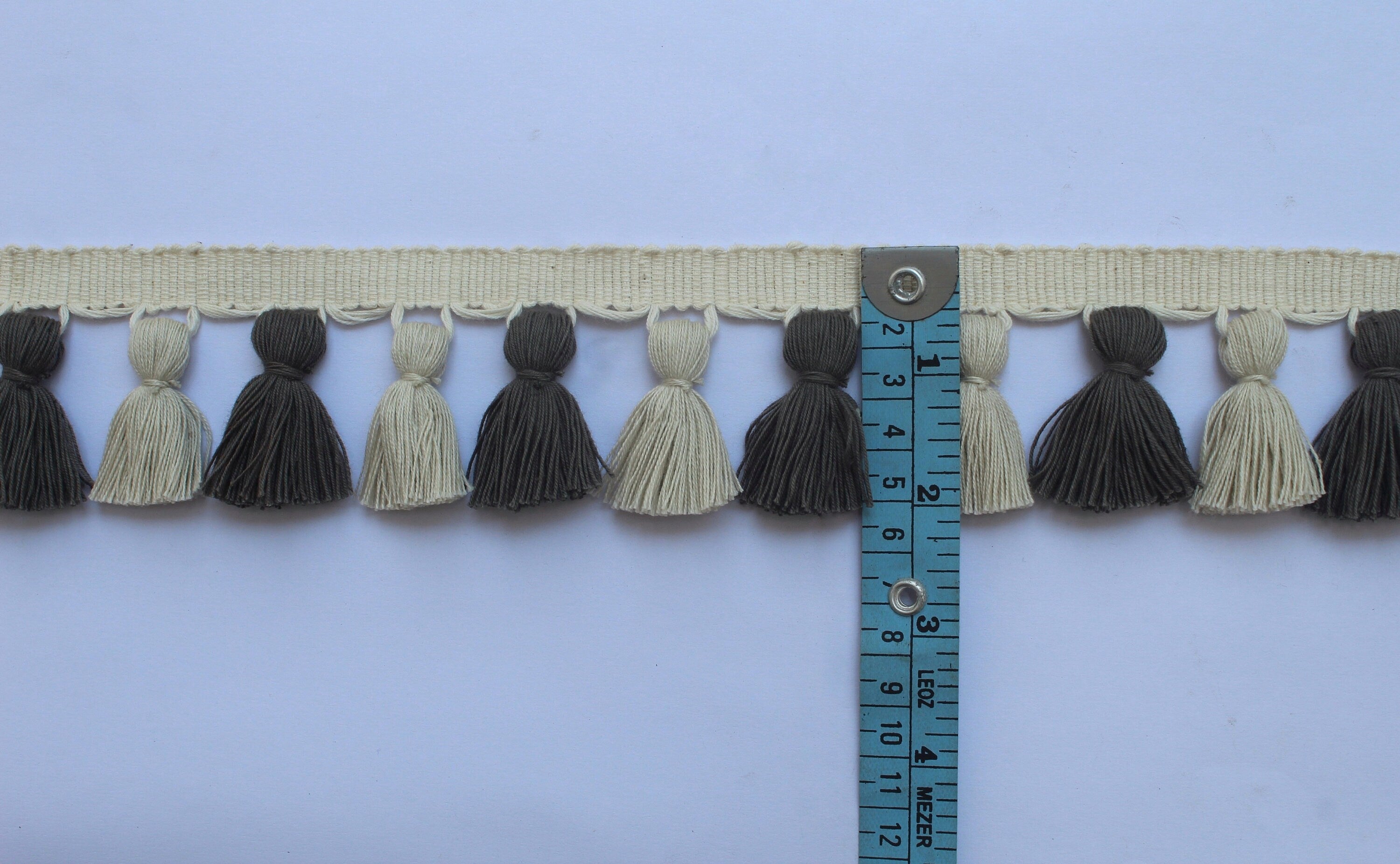 Light stone and charcoal multi colored tassel fringe trim, tassel trim, fringe trim, multi colored tassel trim