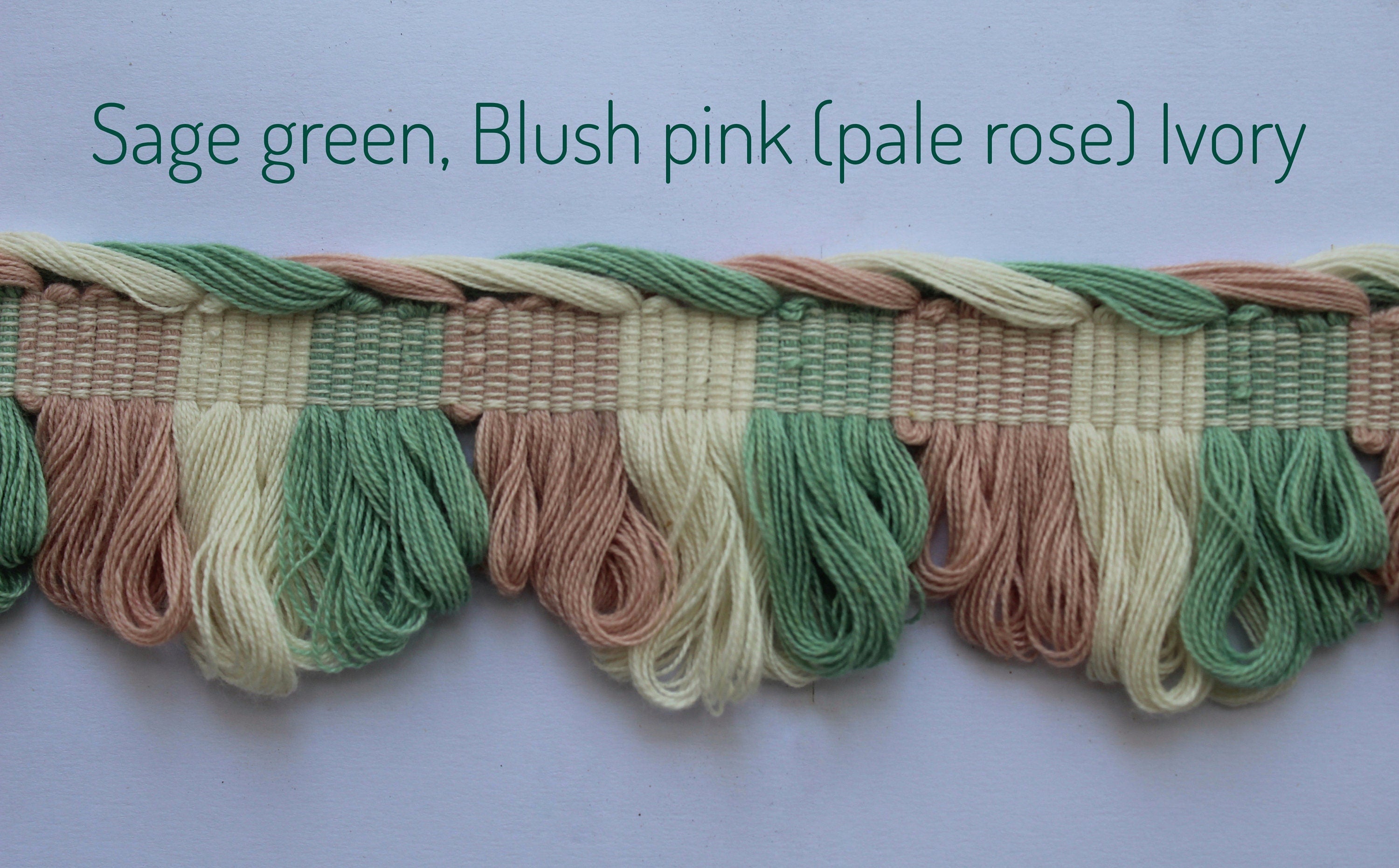 Sage green, Pale rose (blush pink) ivory fan edge trim, fan edge trim, curtain trims, trims for curtains, decorative trims, cotton trims