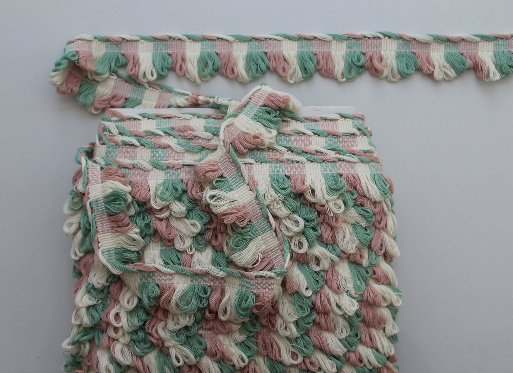 Sage green, Pale rose (blush pink) ivory fan edge trim, fan edge trim, curtain trims, trims for curtains, decorative trims, cotton trims