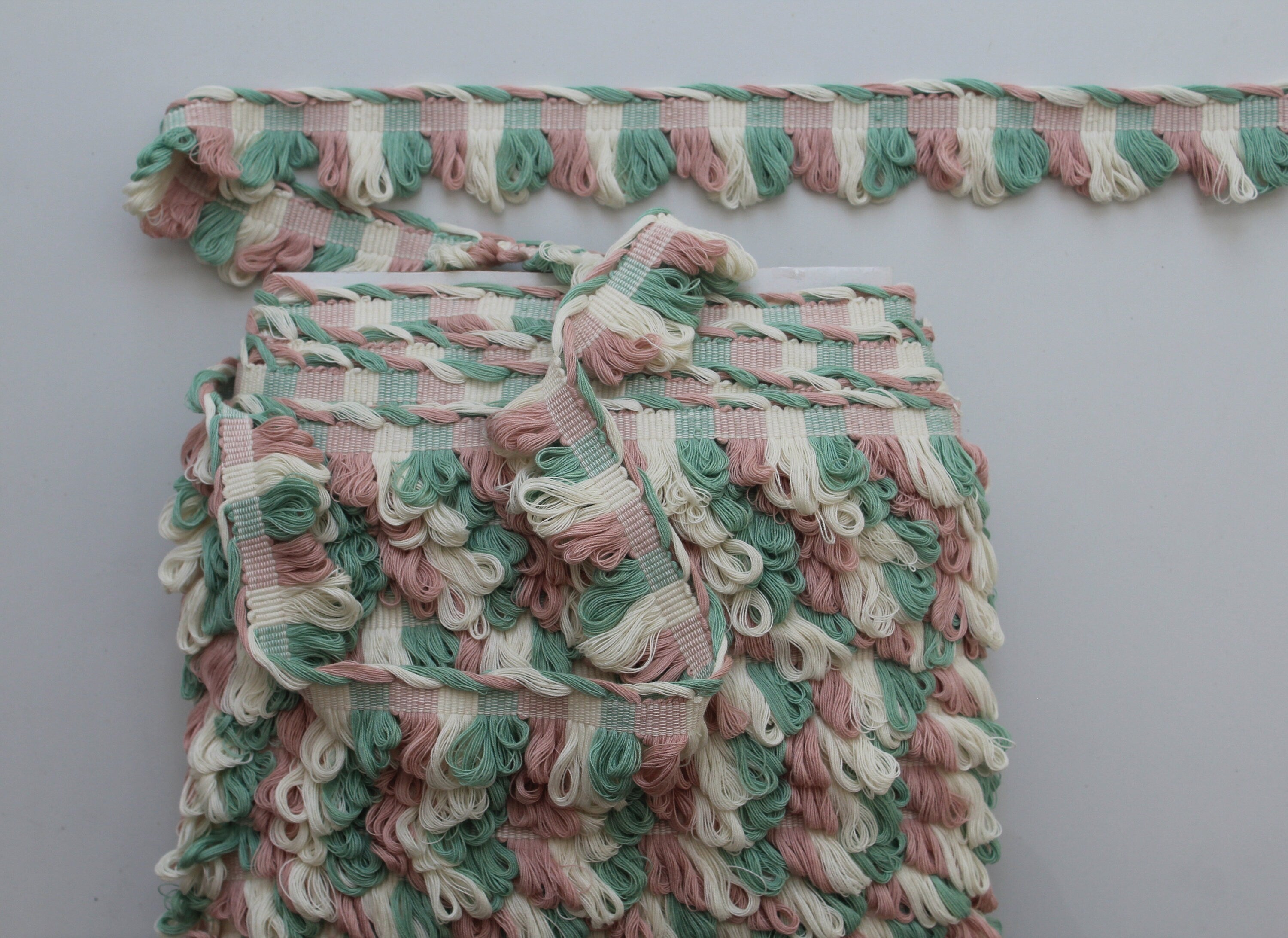 Sage green, Pale rose (blush pink) ivory fan edge trim, fan edge trim, curtain trims, trims for curtains, decorative trims, cotton trims
