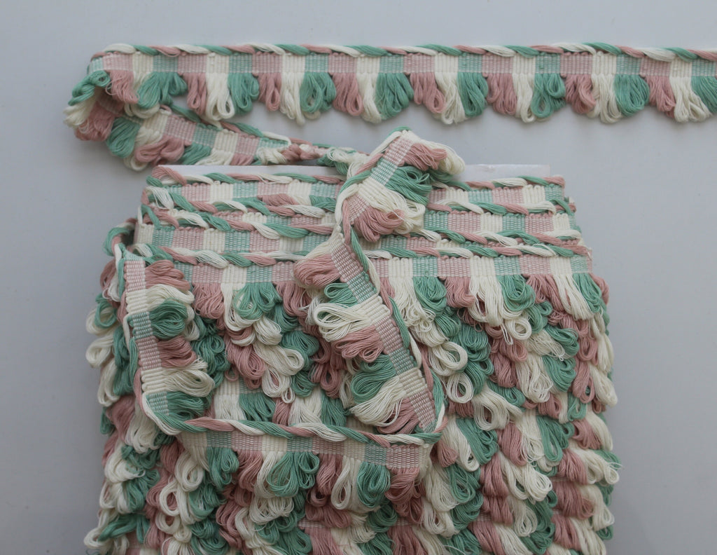Sage green, Pale rose (blush pink) ivory fan edge trim, fan edge trim, curtain trims, trims for curtains, decorative trims, cotton trims
