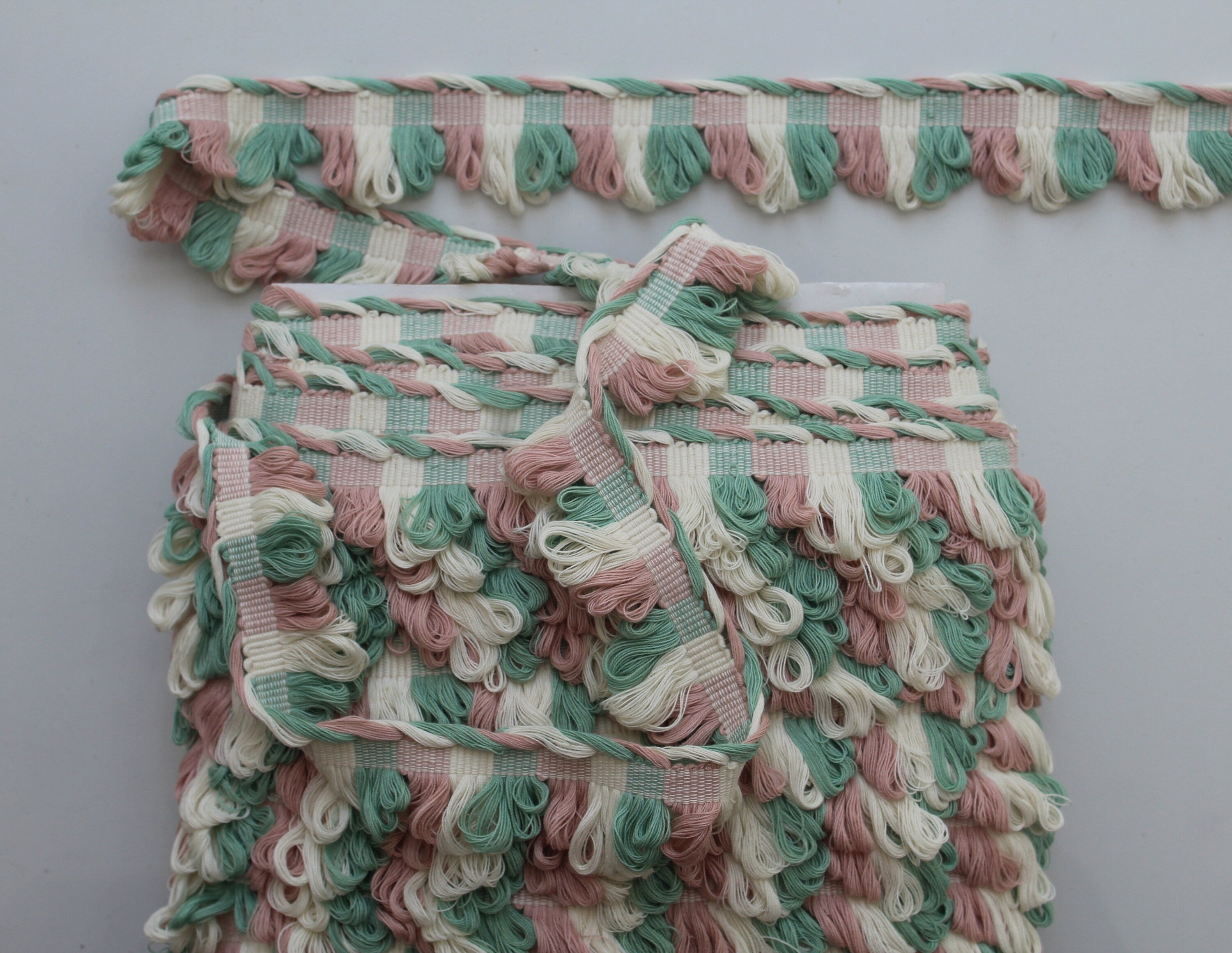 Sage green, Pale rose (blush pink) ivory fan edge trim, fan edge trim, curtain trims, trims for curtains, decorative trims, cotton trims