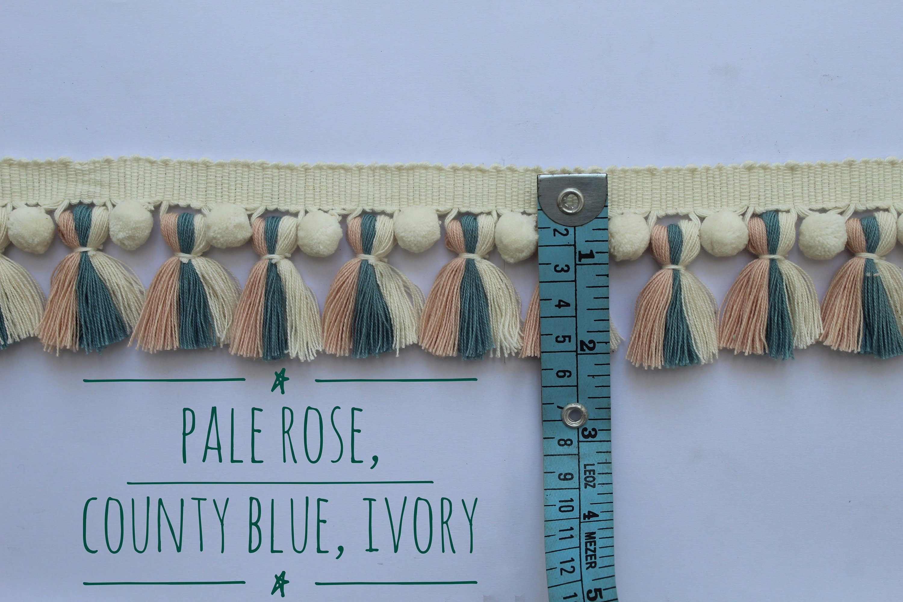 Pale rose County blue Ivory pom pom tassel trim, multi colored pom pom tassel trim, tassel trim, pom pom trim