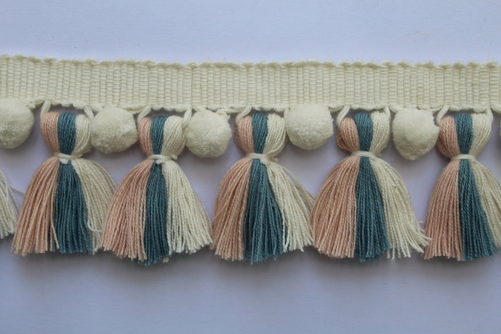 Pale rose County blue Ivory pom pom tassel trim, multi colored pom pom tassel trim, tassel trim, pom pom trim