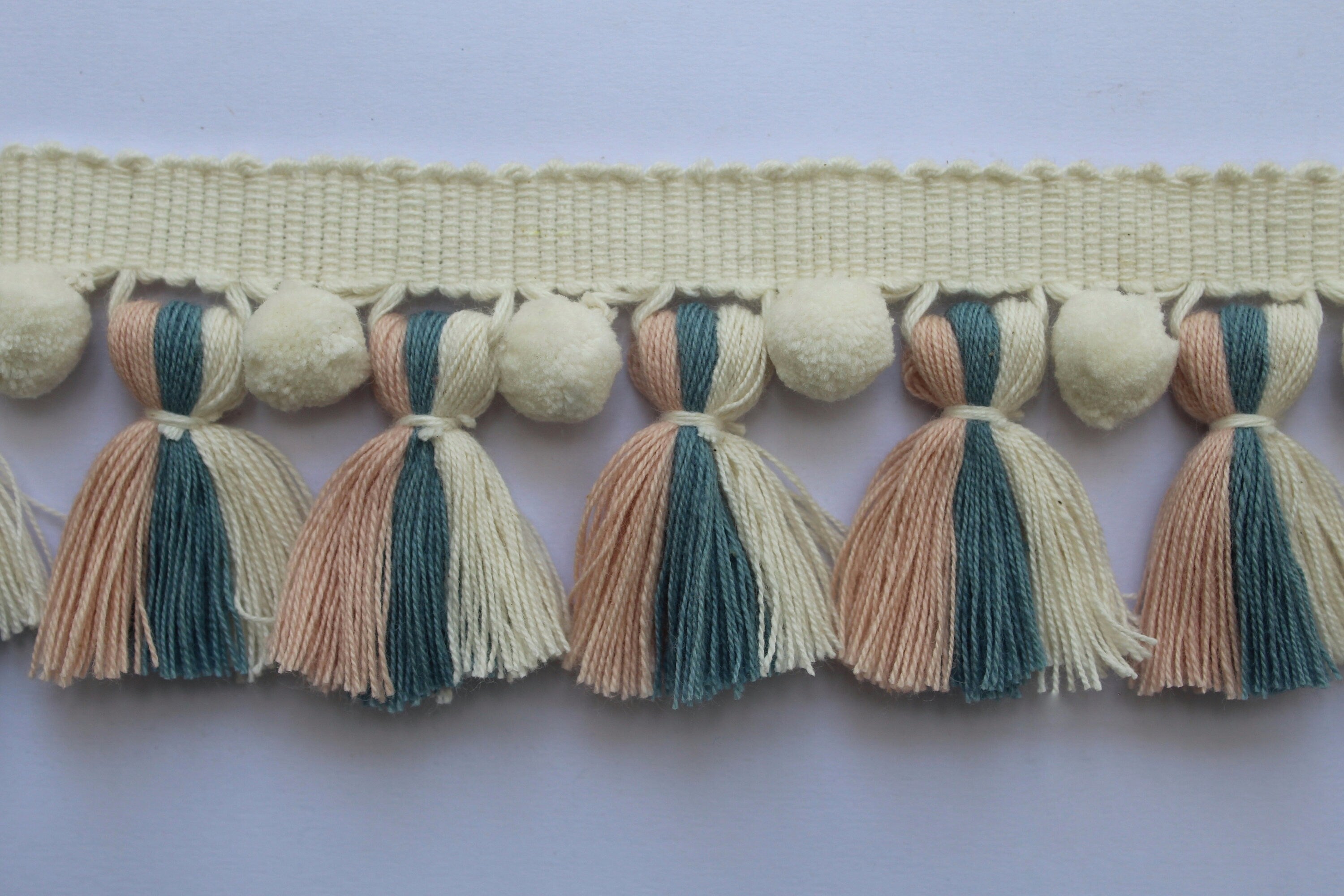 Pale rose County blue Ivory pom pom tassel trim, multi colored pom pom tassel trim, tassel trim, pom pom trim