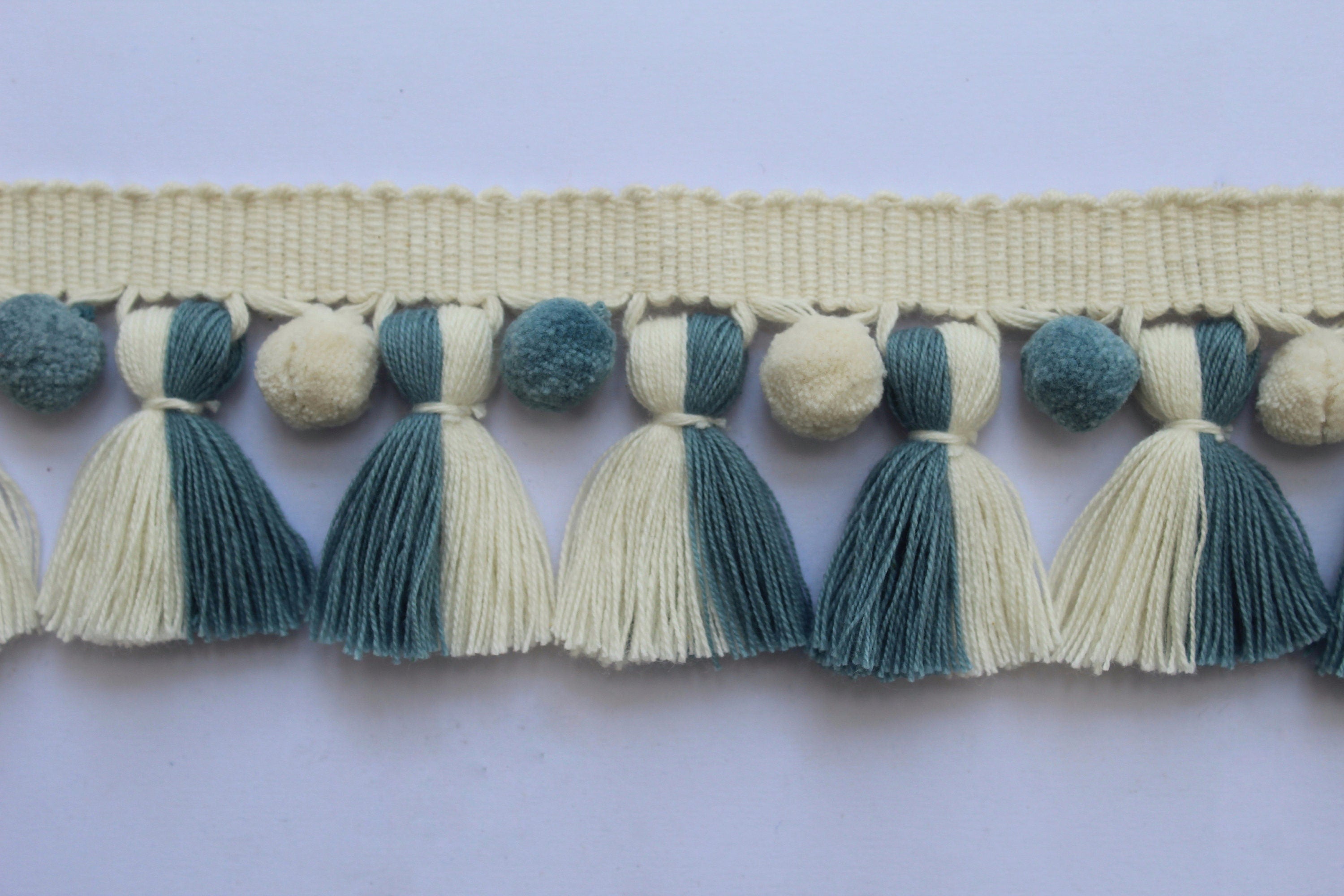 Ivory County blue pom pom tassel trim, pom pom trim, tassel trim