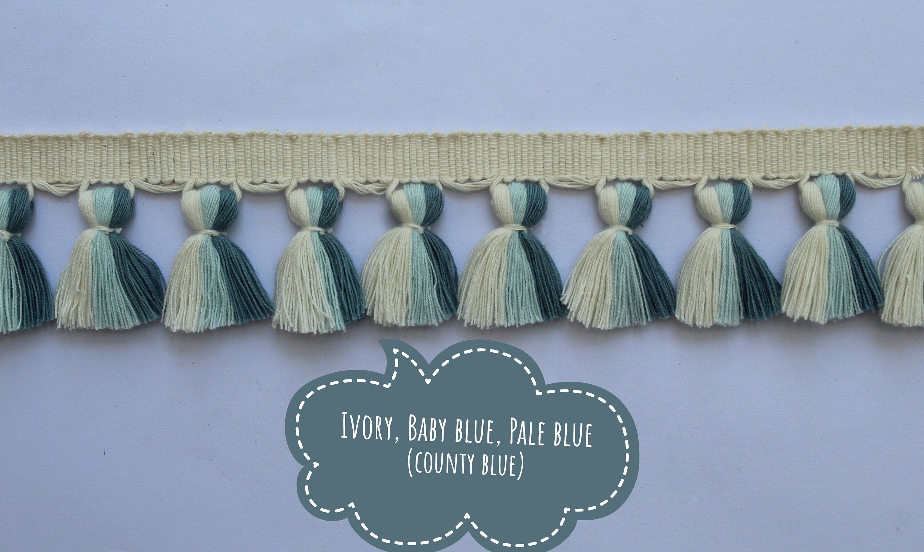 Ivory baby blue county blue multi colored tassel fringe trim, tassel fringe, fringe trim, tassel trim
