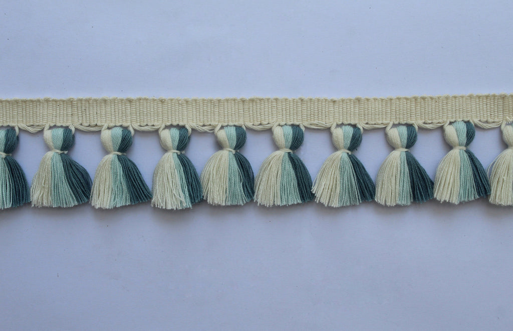Ivory baby blue county blue multi colored tassel fringe trim, tassel fringe, fringe trim, tassel trim