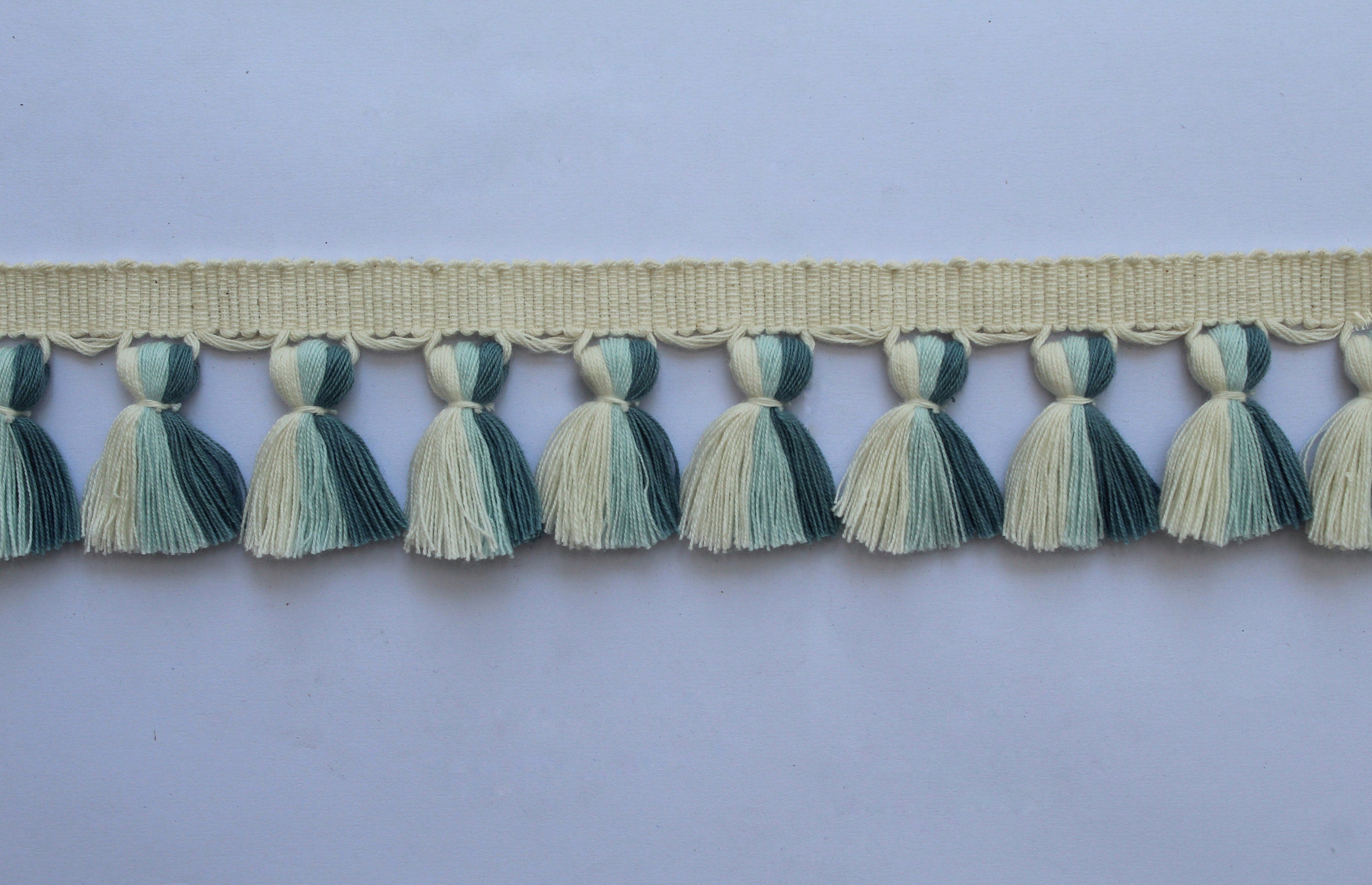 Ivory baby blue county blue multi colored tassel fringe trim, tassel fringe, fringe trim, tassel trim