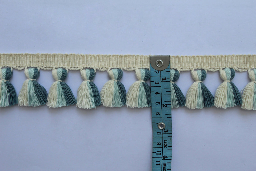 Ivory baby blue county blue multi colored tassel fringe trim, tassel fringe, fringe trim, tassel trim