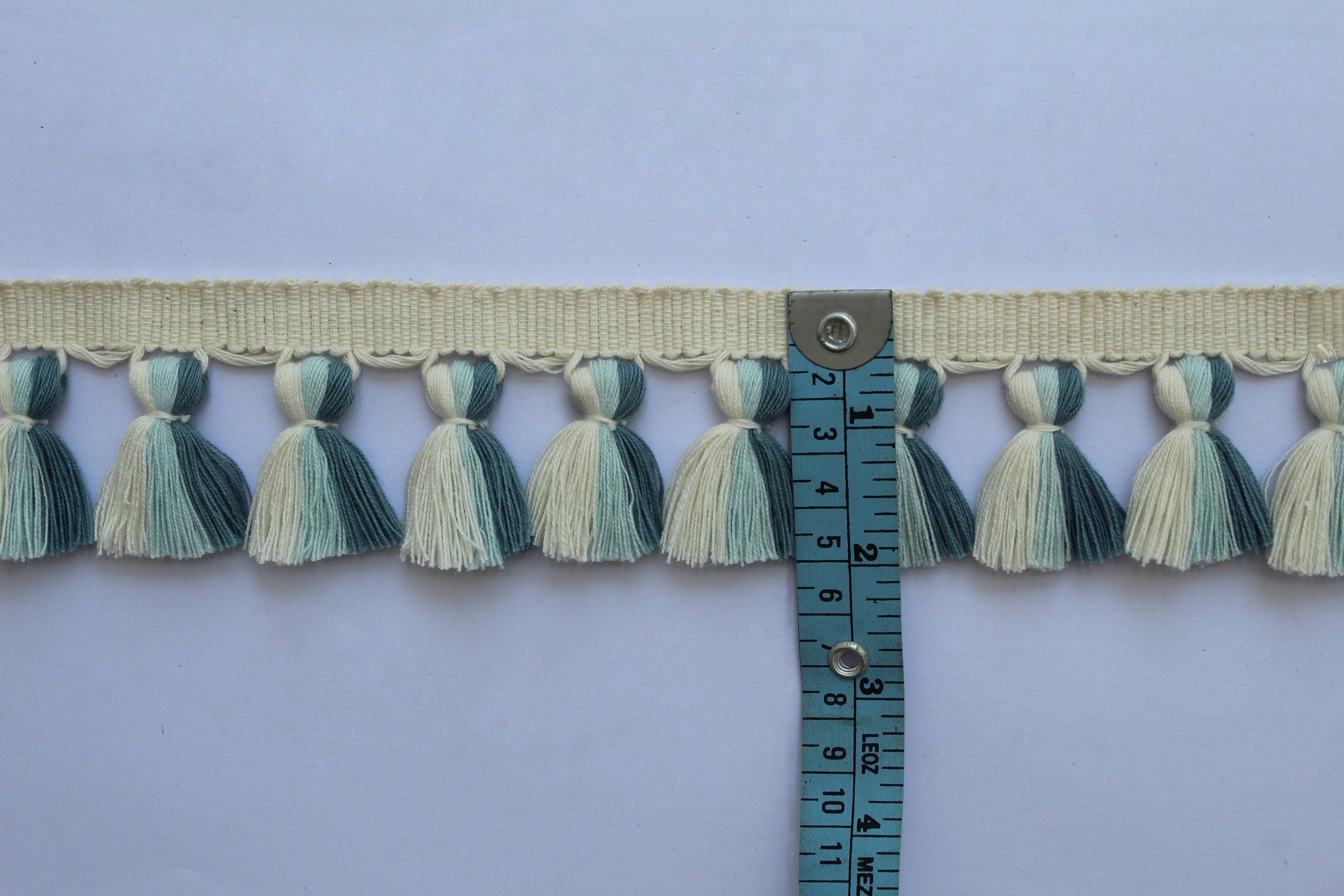 Ivory baby blue county blue multi colored tassel fringe trim, tassel fringe, fringe trim, tassel trim