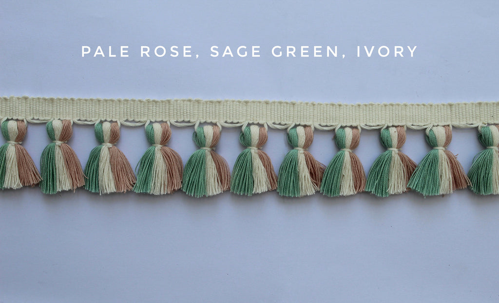 Pale rose sage green ivory tassel trim, tasssl fringe, tassel fringe trim, fringe trim, fringe tassel, trim, home decor, trims by the yard