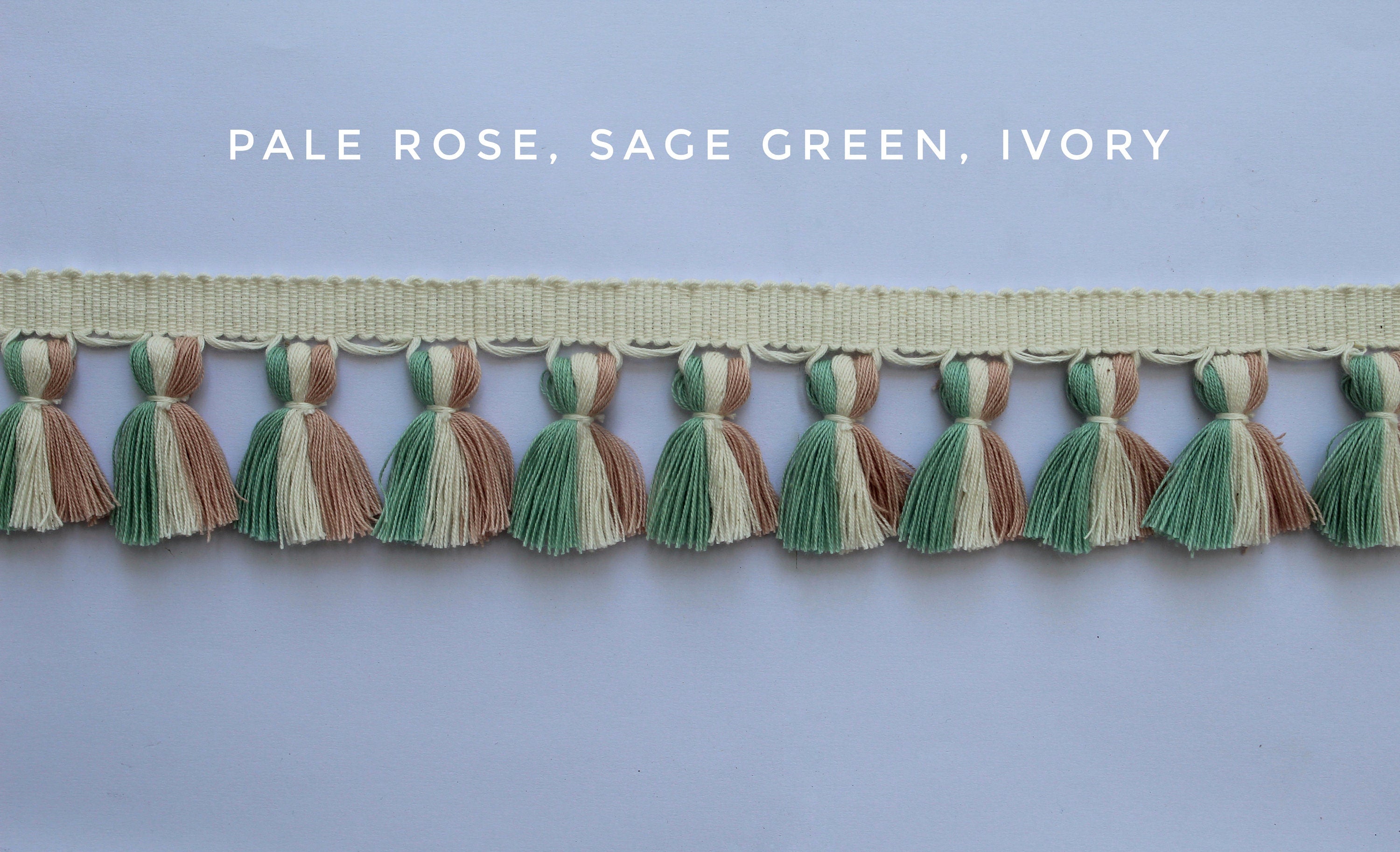 Pale rose sage green ivory tassel trim, tasssl fringe, tassel fringe trim, fringe trim, fringe tassel, trim, home decor, trims by the yard