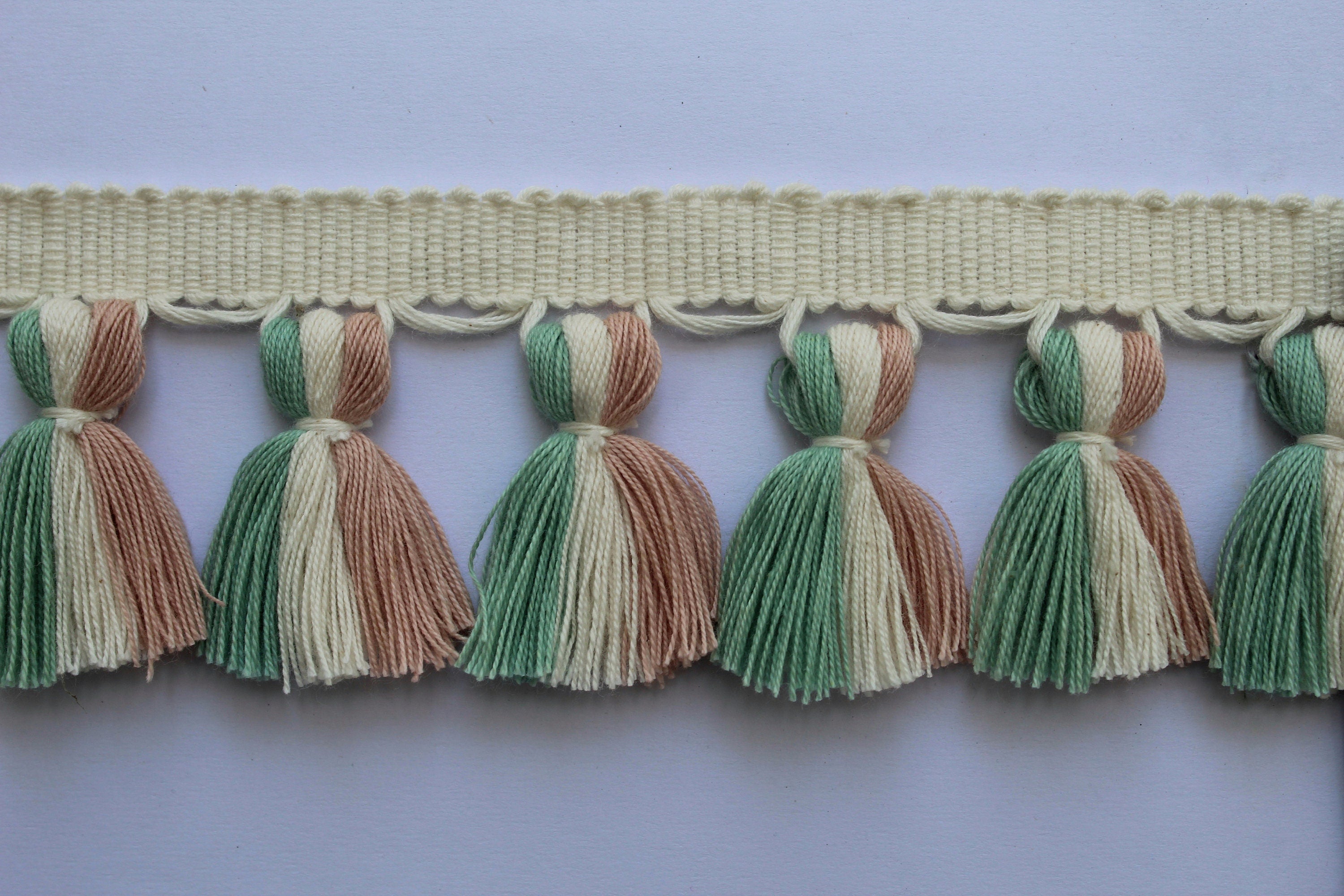 Pale rose sage green ivory tassel trim, tasssl fringe, tassel fringe trim, fringe trim, fringe tassel, trim, home decor, trims by the yard