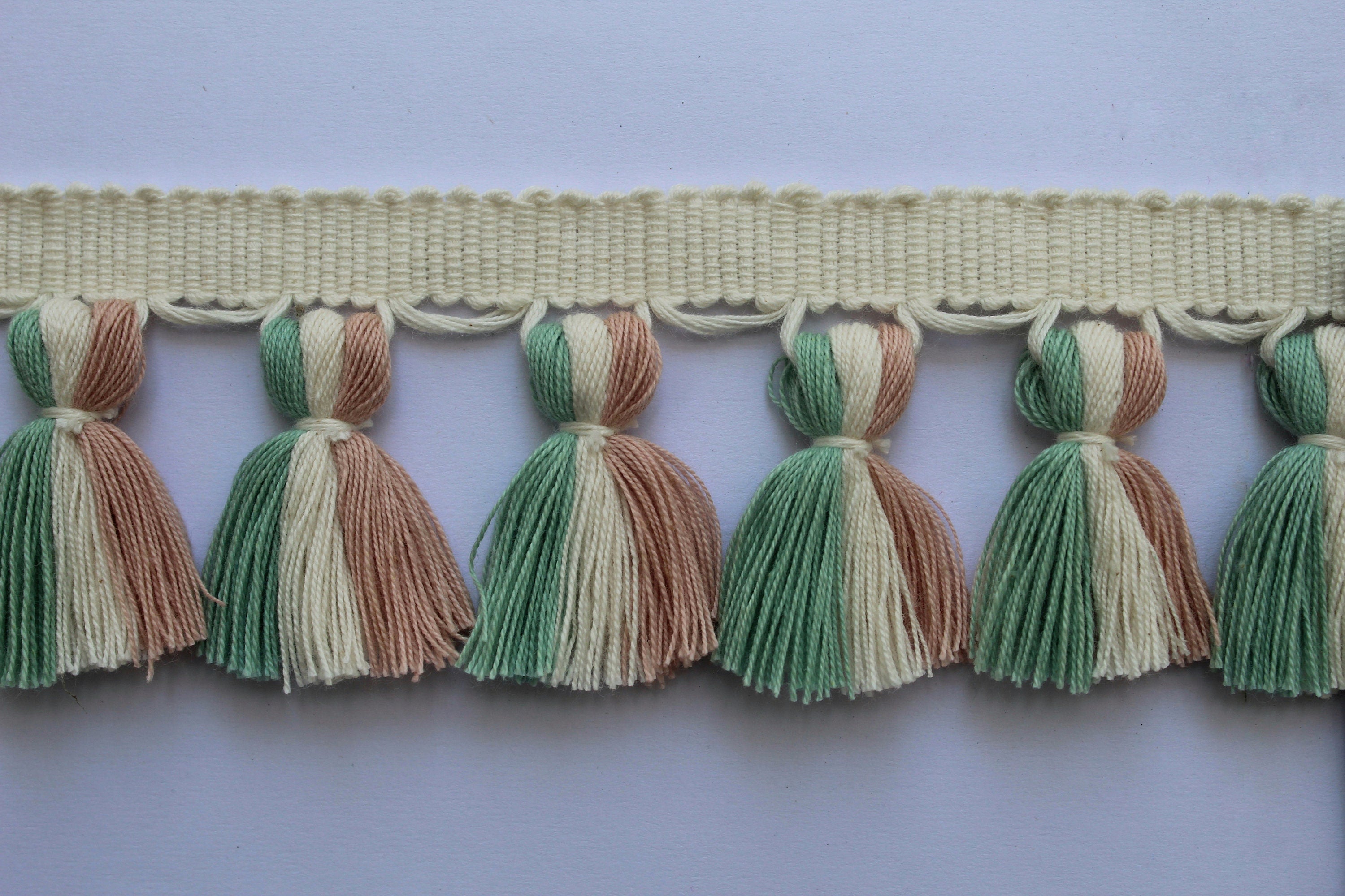 Pale rose sage green ivory tassel trim, tasssl fringe, tassel fringe trim, fringe trim, fringe tassel, trim, home decor, trims by the yard