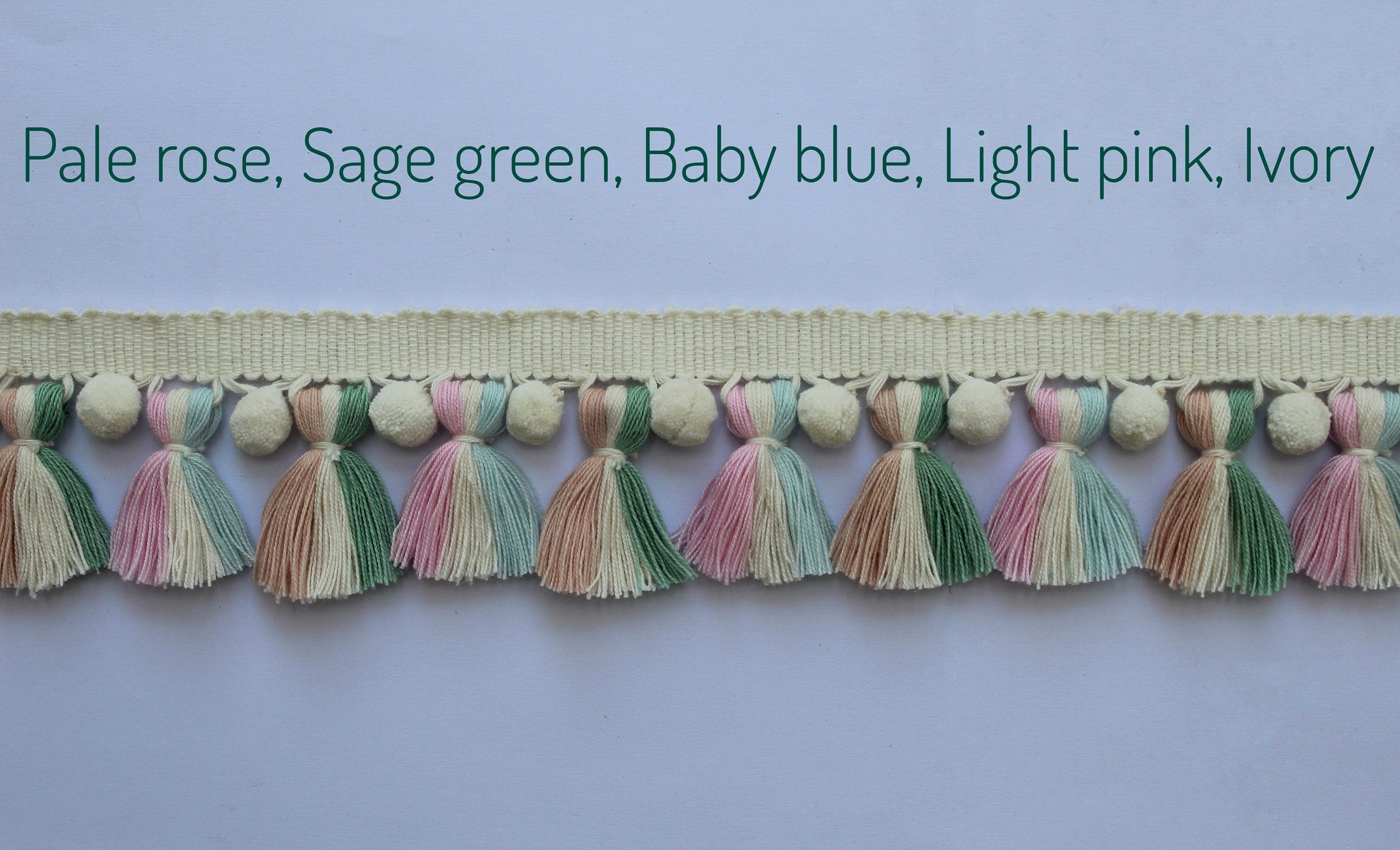 Pale rose sage green baby blue light pink Ivory pom pom tassel trim, pom pom trim, tassel trim, art wall, wall art, home decore, home decor