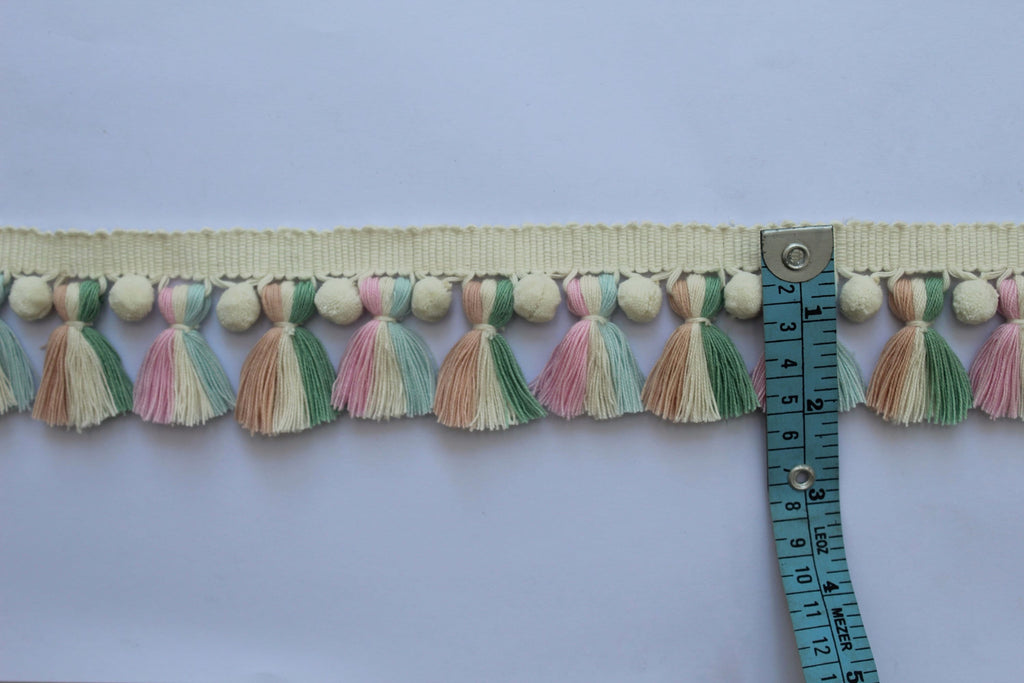 Pale rose sage green baby blue light pink Ivory pom pom tassel trim, pom pom trim, tassel trim, art wall, wall art, home decore, home decor