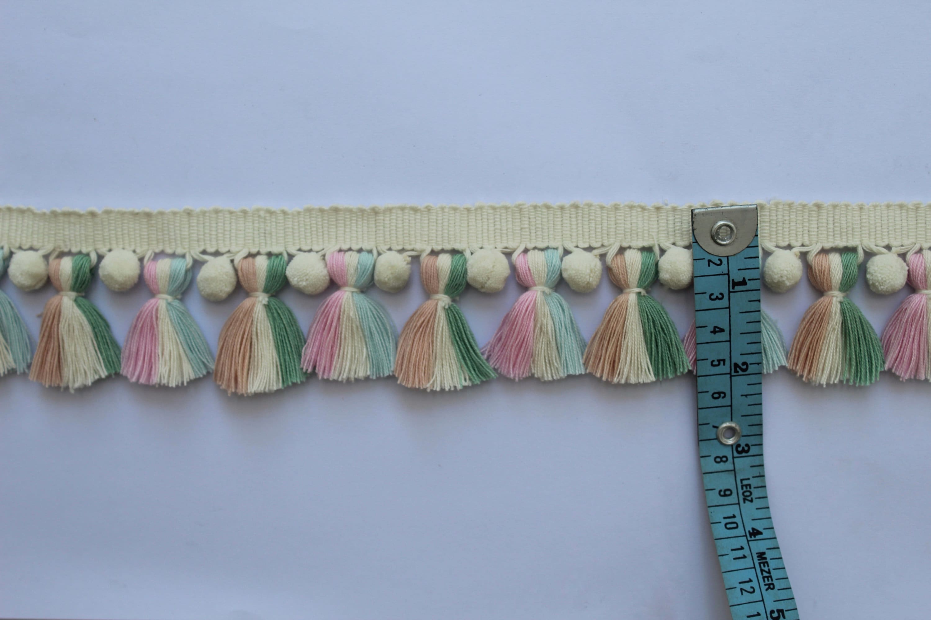 Pale rose sage green baby blue light pink Ivory pom pom tassel trim, pom pom trim, tassel trim, art wall, wall art, home decore, home decor