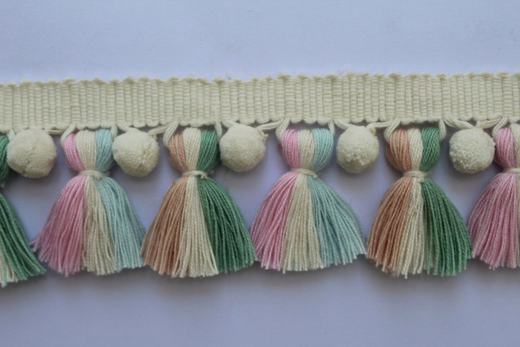 Pale rose sage green baby blue light pink Ivory pom pom tassel trim, pom pom trim, tassel trim, art wall, wall art, home decore, home decor