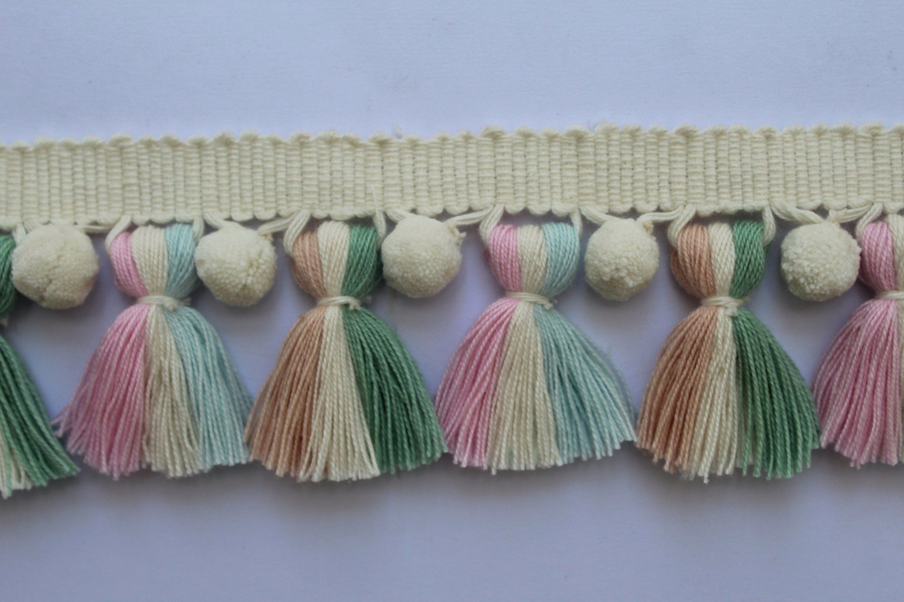 Pale rose sage green baby blue light pink Ivory pom pom tassel trim, pom pom trim, tassel trim, art wall, wall art, home decore, home decor