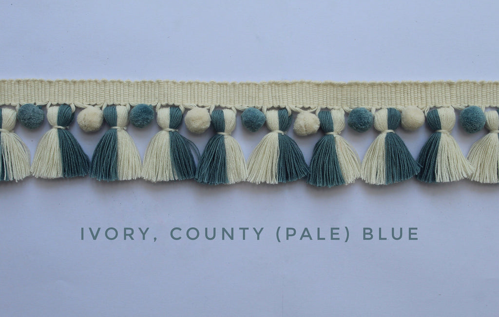 Ivory County blue pom pom tassel trim, pom pom trim, tassel trim