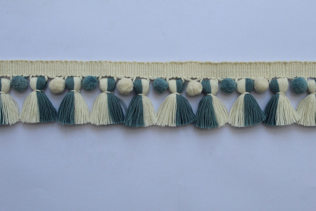 Ivory County blue pom pom tassel trim, pom pom trim, tassel trim