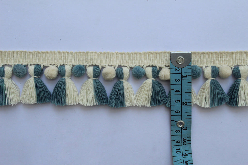 Ivory County blue pom pom tassel trim, pom pom trim, tassel trim