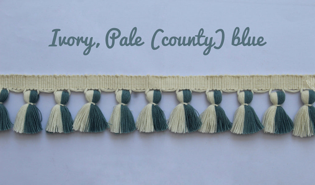Ivory pale blue multi colored tassel trim, tassel fringe trim, County blue tassel trim