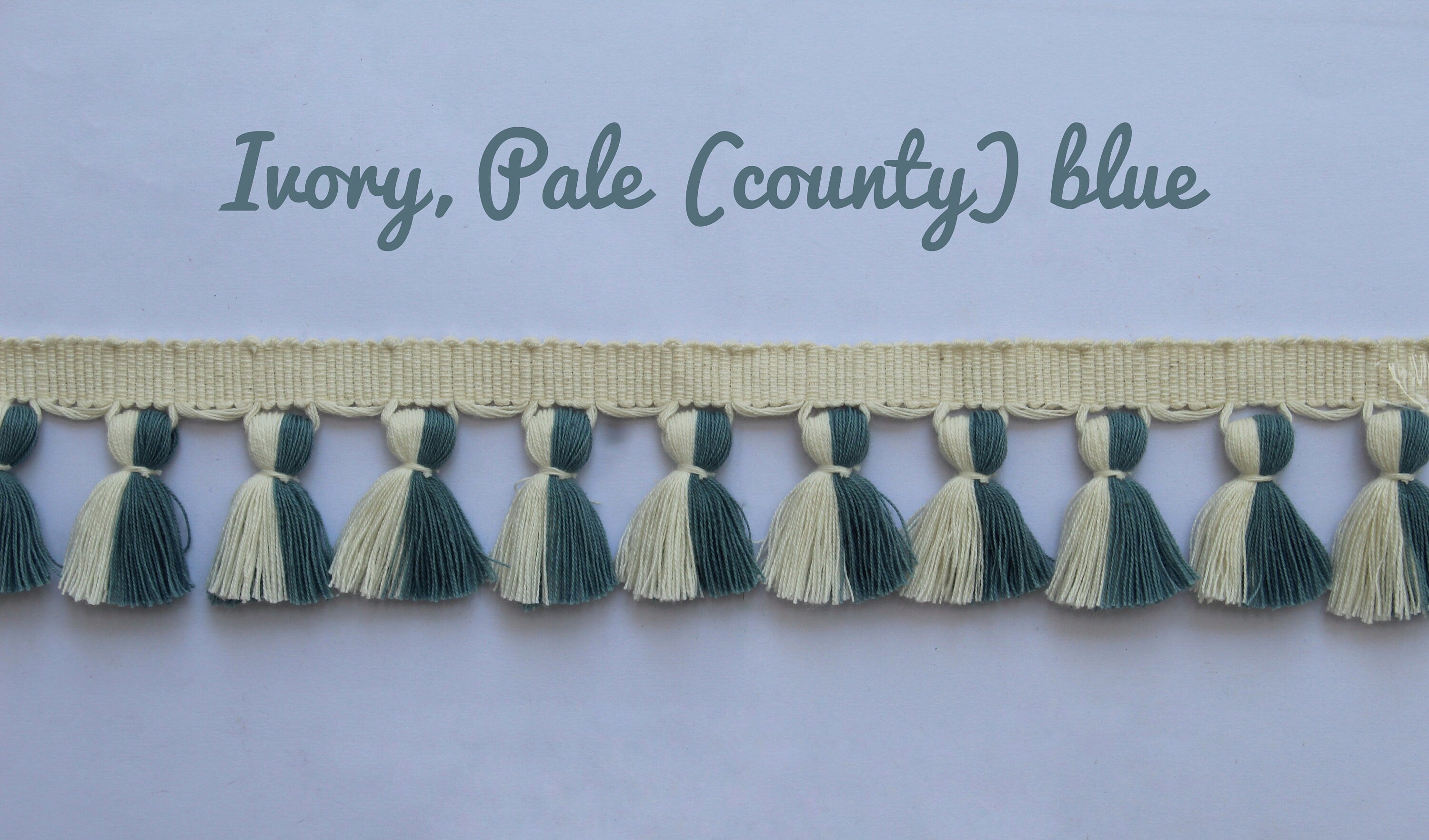 Ivory pale blue multi colored tassel trim, tassel fringe trim, County blue tassel trim