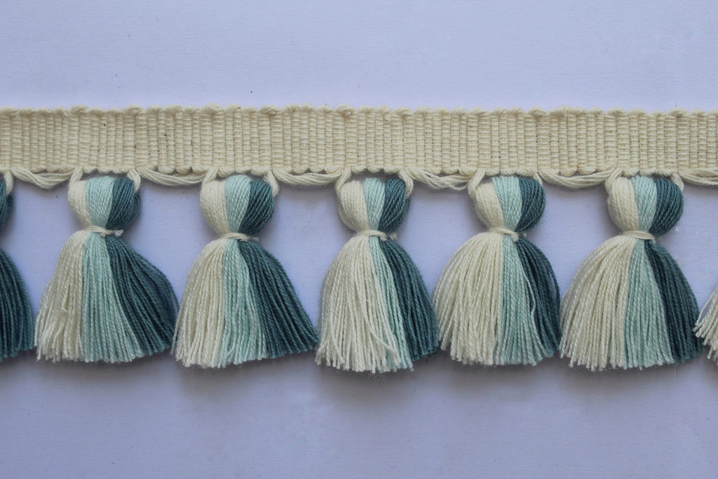 Ivory baby blue county blue multi colored tassel fringe trim, tassel fringe, fringe trim, tassel trim