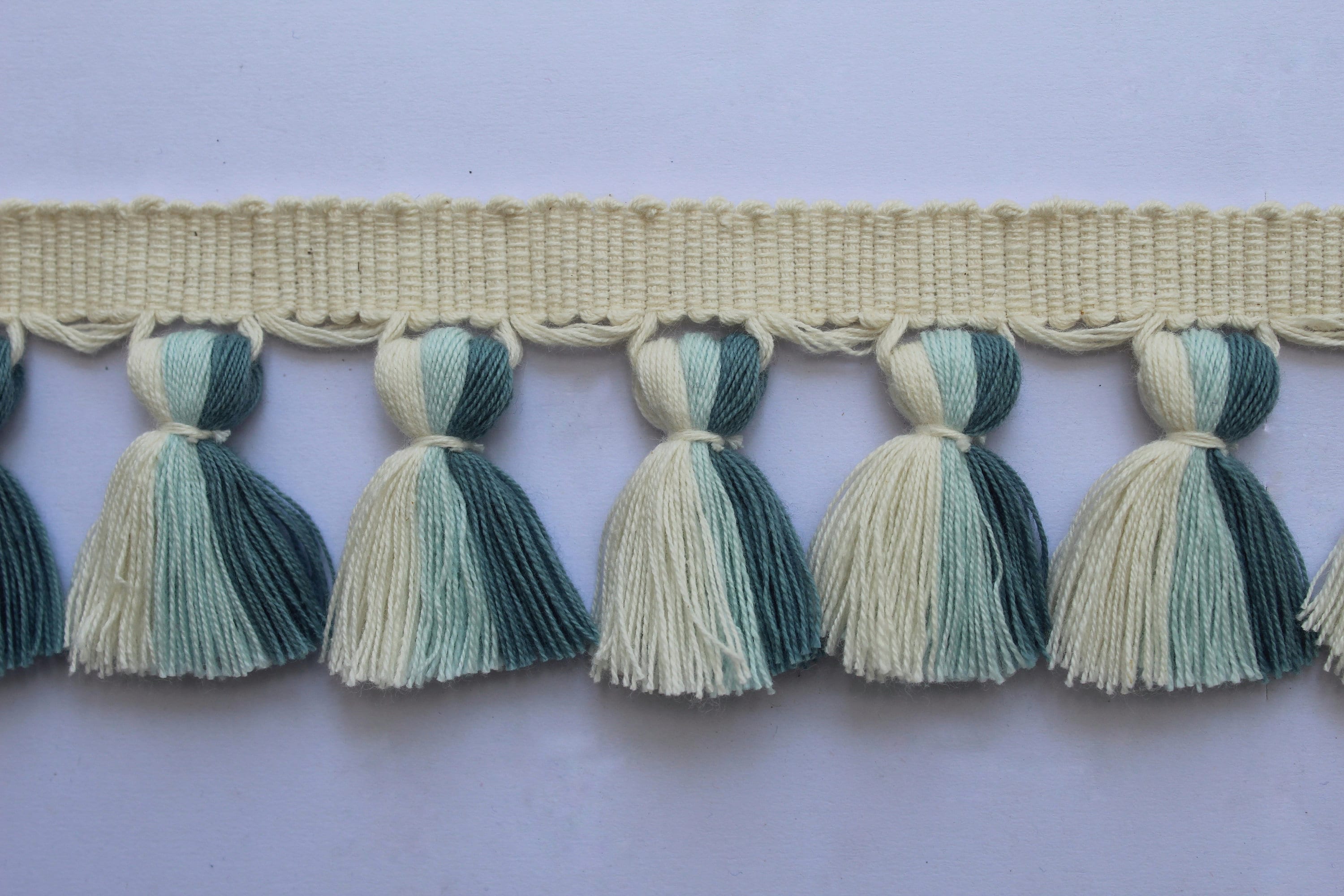 Ivory baby blue county blue multi colored tassel fringe trim, tassel fringe, fringe trim, tassel trim