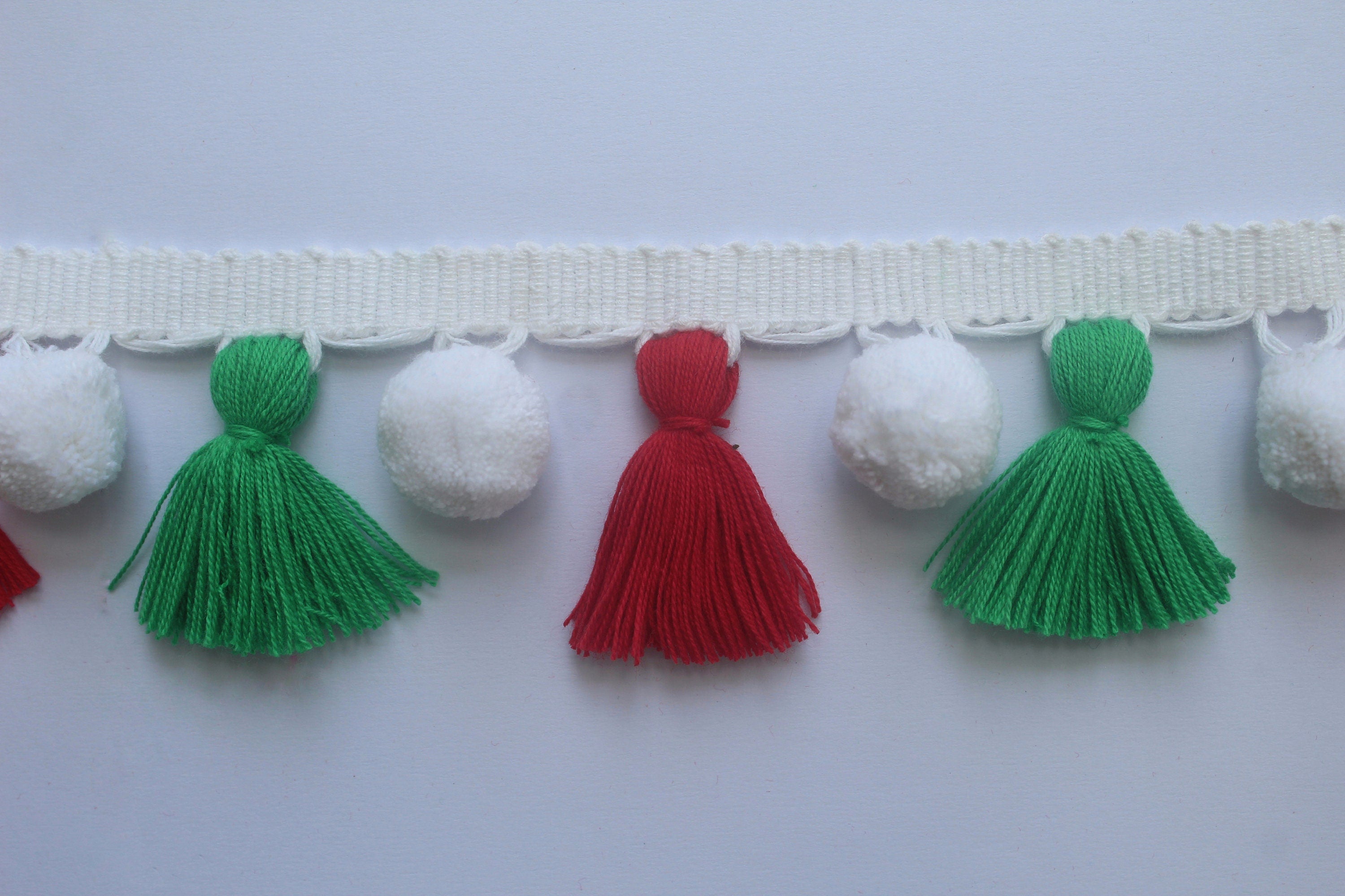 Christmas decorations, Christmas trimmings, Christmas pom poms, pom pom tassel trim, white pom pom, pom pom trim, tassel trim, fringe trim